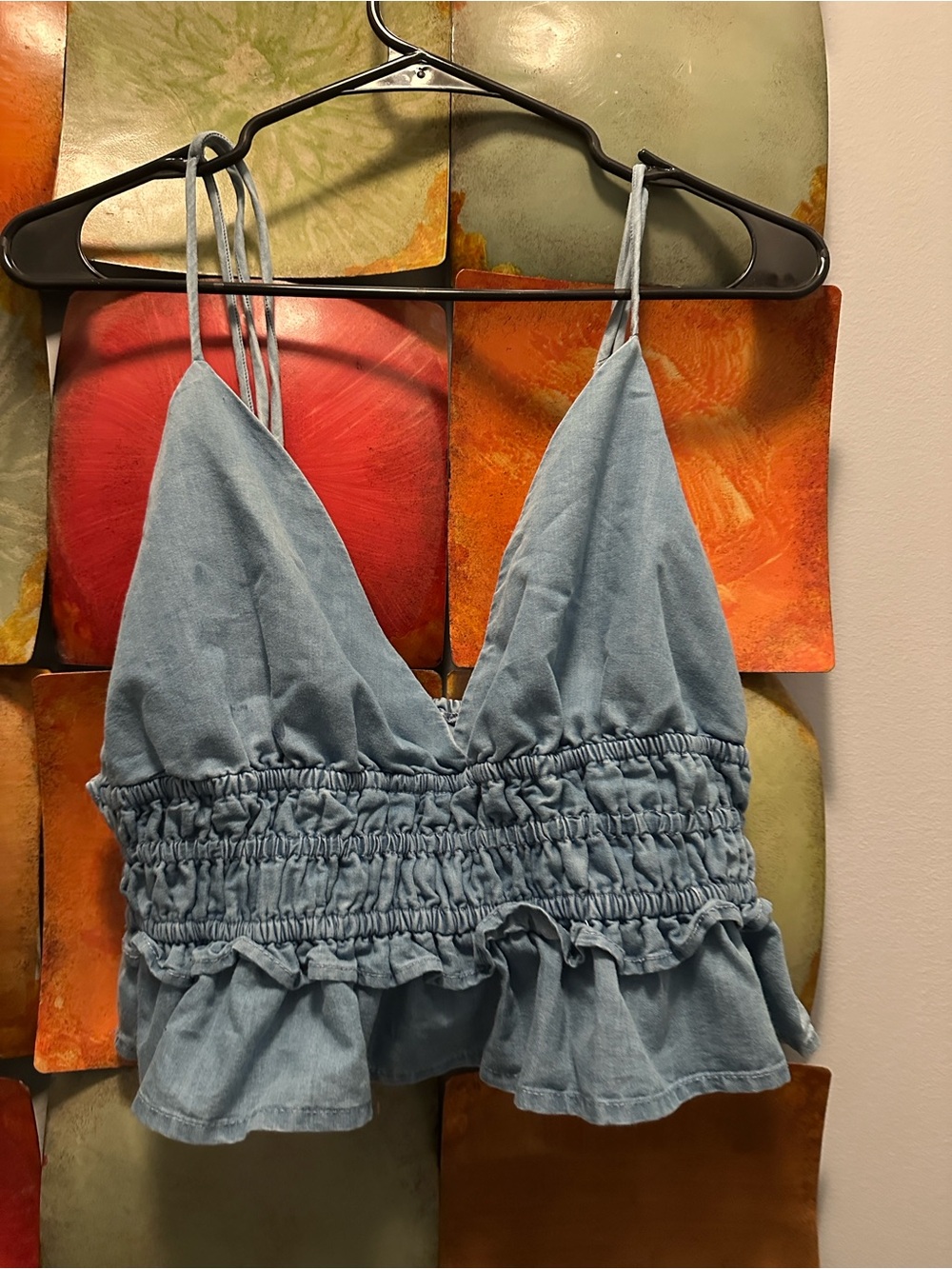 Smocked Ruffle Denim-Look Camisole Top - Blue